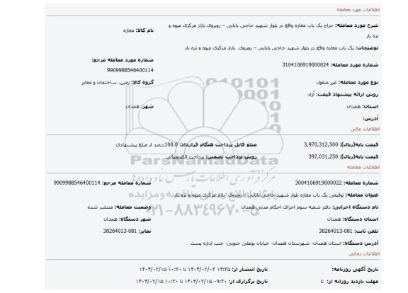 مزایده، یک باب مغازه واقع در بلوار شهید حاجی بابایی – روبروی بازار مرکزی میوه و تره بار