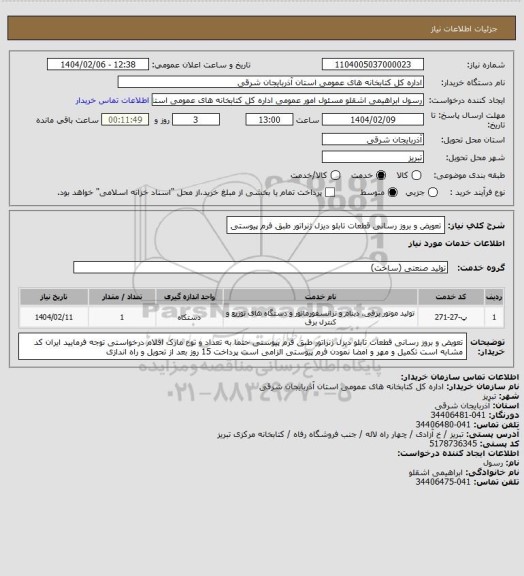 استعلام تعویض و بروز رسانی قطعات تابلو دیزل ژنراتور طبق فرم پیوستی