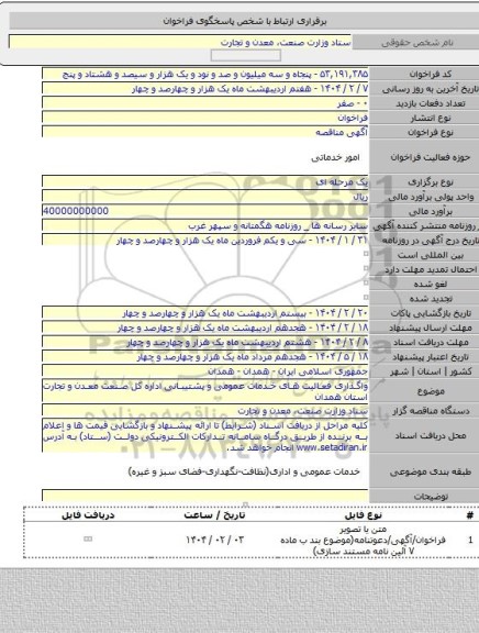 مناقصه, واگذاری فعالیت های خدمات عمومی و پشتیبانی اداره کل صنعت معدن و تجارت استان همدان