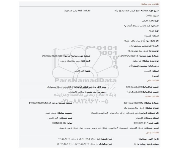 مزایده، فروش ملک موضوع ترکه