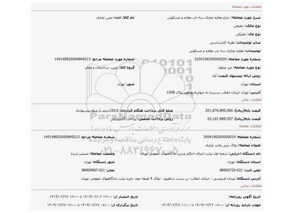 مزایده، مغازه تجاری سه باب مغازه و مسکونی