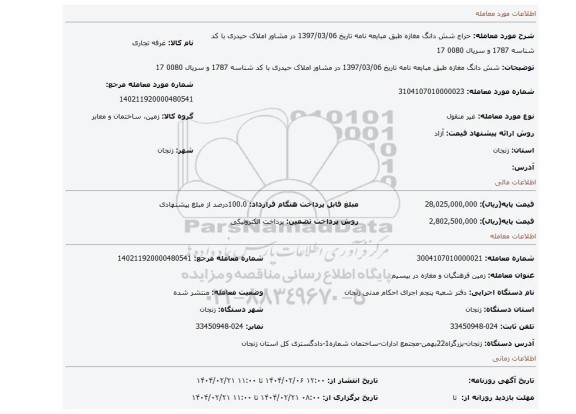مزایده، شش دانگ مغازه طبق مبایعه نامه تاریخ 1397/03/06 در مشاور املاک حیدری با کد شناسه 1787 و سریال 0080 17