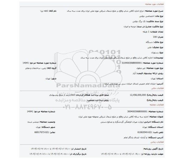 مزایده، اجاره کافی شاپ واقع در ضلع شمال شرقی موزه ملی ایران برای مدت سه سال