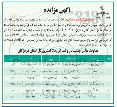 مزایده فروش تعداد 6 دستگاه از خودروهای مازاد دولتی 