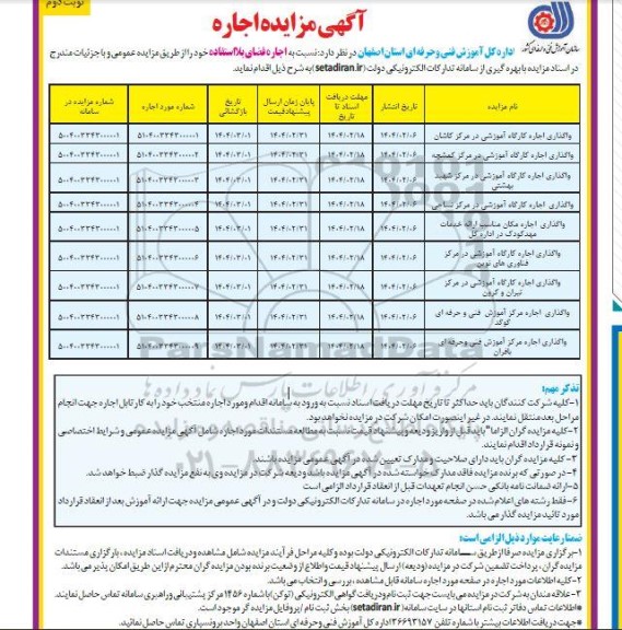 مزایده واگذاری اجاره کارگاه آموزشی ... ​​​​​​​نوبت دوم 