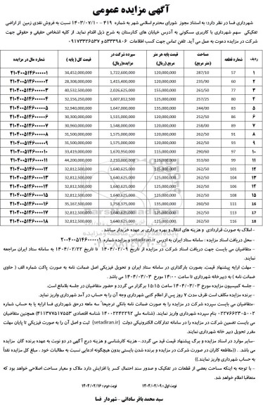 مزایده فروش نقدی 18 قطعه زمین 
