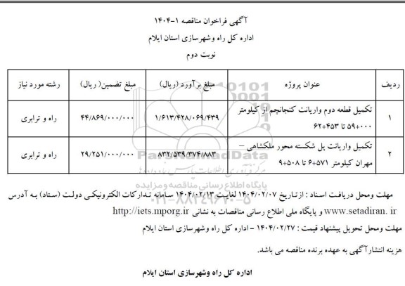 فراخوان مناقصه تکمیل قطعه دوم واریانت ... / نوبت دوم