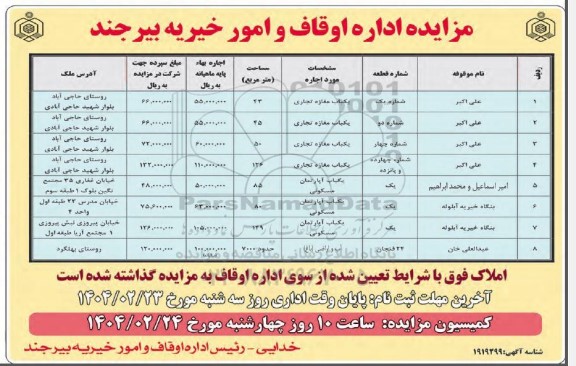 مزایده یکباب مغازه تجاری و ...