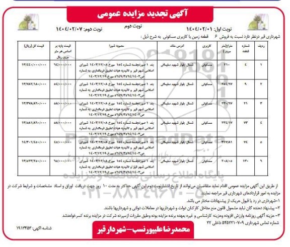تجدید مزایده عمومی فروش 6 قطعه زمین با کاربری مسکونی  -​​​​​​​نوبت دوم 