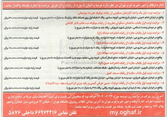مزایده واگذاری  عرصه و اعیان 8 مورد از رقبات