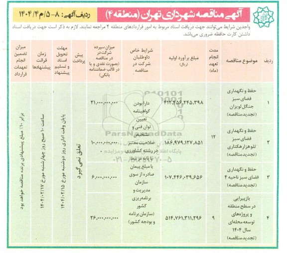 مناقصه حفظ و نگهداری فضای سبز جنگل لویزان...
