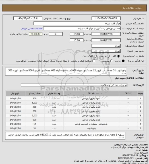 استعلام پانچ آئورت 31 عدد-شانت کرونر 12 عدد-کانول دوراه 1000عدد-کانول تکراه 600 عدد-کانول کاردیو 3000عدد-کانول آئورت 500 عدد