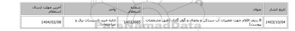8 ردیف اقلام جهت تعمیرات آب سردکن و یخچال و گولر گازی (طبق مشخصات پیوست)