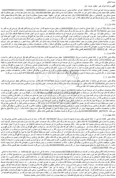 مزایده ملک مسکونی دارای عرصه ای به مساحت 246/43 متر مربع و دارای 3 اعیان