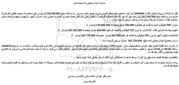 مزایده میزان  300 کیلوگرم عسل و...