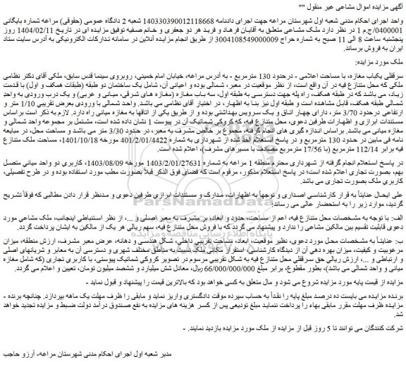 مزایده سرقفلی یکباب مغازه، با مساحت اعلامی - درحدود 130 مترمربع