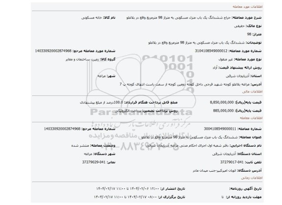 مزایده، ششدانگ یک باب منزل مسکونی به متراژ 98 مترمربع واقع در بلاغلو