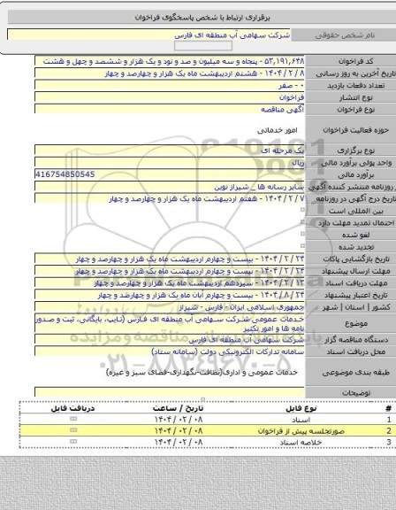 مناقصه, خدمات عمومی شرکت سهامی آب منطقه ای فارس (تایپ، بایگانی، ثبت و صدور نامه ها و امور تکثیر
