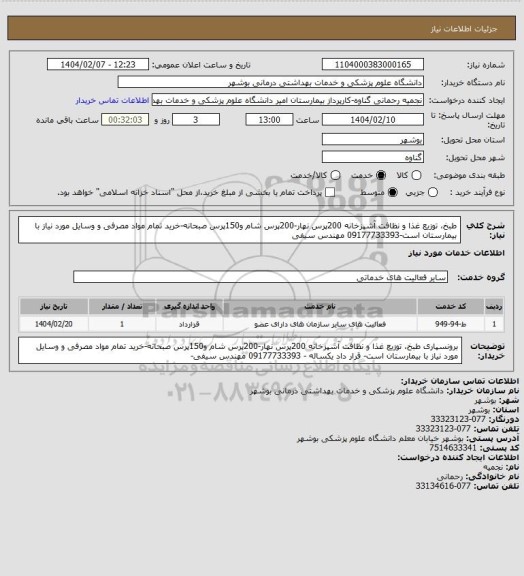 استعلام  طبخ، توزیع غذا و نظافت آشپزخانه 200پرس نهار-200پرس شام و150پرس صبحانه-خرید تمام مواد مصرفی و وسایل مورد نیاز با بیمارستان است-09177733393 مهندس سیفی