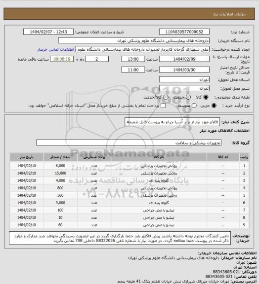 استعلام اقلام موزد نیاز از برند آسیا جراح به پیوست فایل ضمیمه