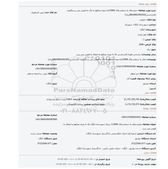 مزایده، ملک به شماره پلاک 1/2996به میزان محکوم به ازآن به فروش می رسد(قیمت کارشناسی286/689/000/000ریال)