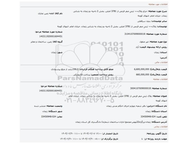 مزایده، پلاک¬¬ ثبتیِ صفر فرعی از 3781 اصلی، بخش 2 ناحیه دو زنجان به نشانی زنجان، خیابان امام، انتهای کوچة