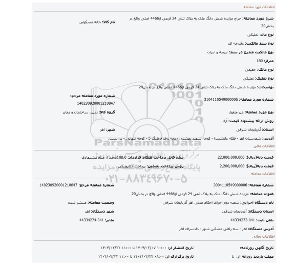 مزایده، مزایده شش دانگ ملک به پلاک ثبتی 24 فرعی از4466 اصلی واقع در بخش20