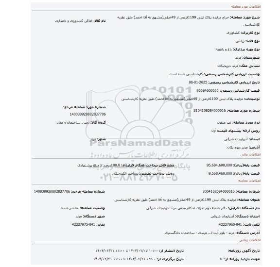 مزایده، مزایده پلاک ثبتی 1199فرعی از 49اصلی(مشهور به آقا احمد) طبق نظریه کارشناسی