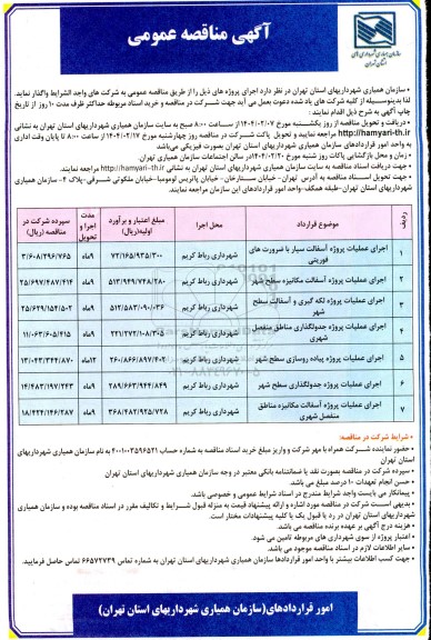 مناقصه اجرای عملیات پروژه آسفالت سیار با ضرورت های فوریتی ...