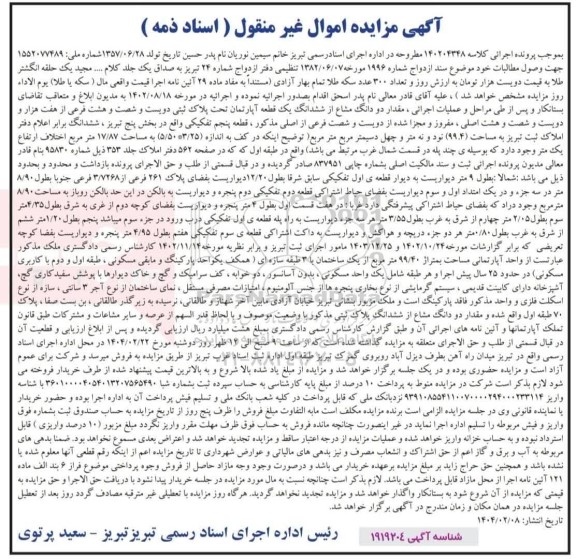 مزایده فروش ششدانگ یک قطعه آپارتمان به پلاک ثبتی دویست و شصت و هشت فرعی