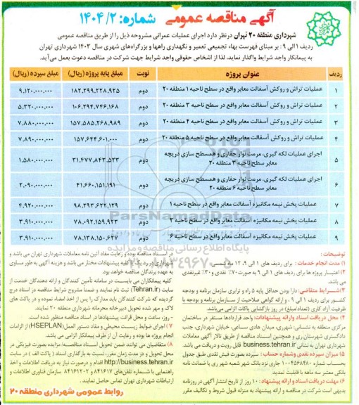 مناقصه عملیات تراش و روکش آسفالت...- نوبت دوم