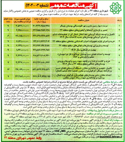 مناقصه عمومی مرمت دیوار زمین بازی و نهر قلوه سنگی بوستان...