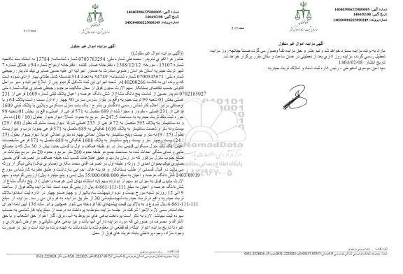 مزایده پنج دانگ مشاع از ششدانگ پلاک ثبتی 1609 فرعی