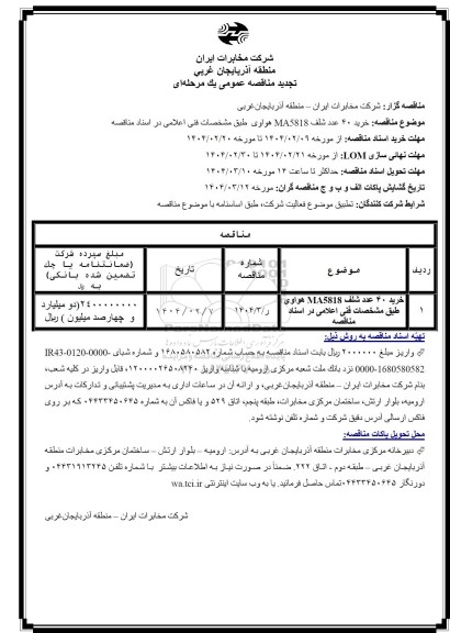 مناقصه خرید 40 عدد شلف MA5818 هواوى تجدید 