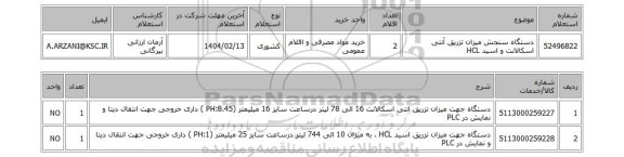 استعلام دستگاه سنجش میزان تزریق آنتی اسکالانت و اسید HCL