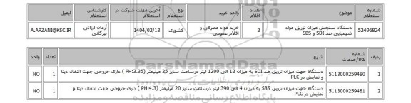 استعلام دستگاه سنجش میزان تزریق مواد شیمیایی ضد SDI  و SBS