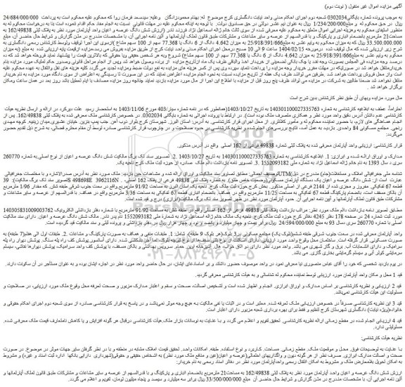 مزایده شش دانگ عرصه و اعیان واحد آپارتمان