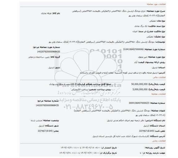 مزایده، دودانگ ازشش دانگ ۴۹۵۱اصلی از۳تفکیکی باقیمانده ۴۹۵۲اصلی (سرقفلی ۴مغازه)(۰۳۰۲۴۰۸)مالک سلمان ولی پور