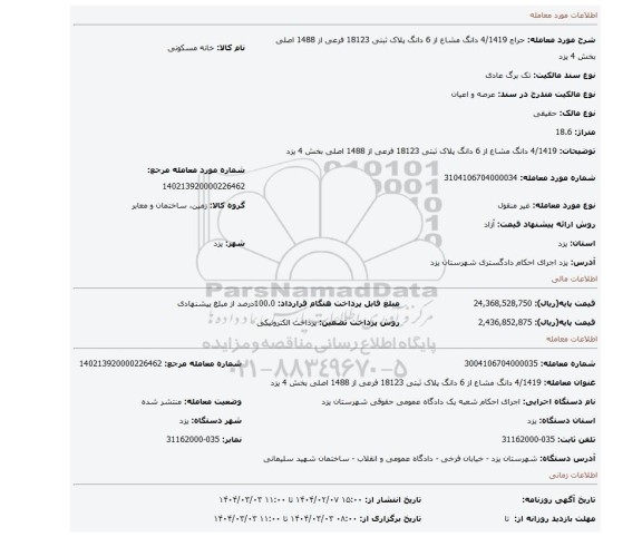 مزایده، 4/1419 دانگ مشاع از 6 دانگ پلاک ثبتی 18123 فرعی از 1488 اصلی بخش 4 یزد