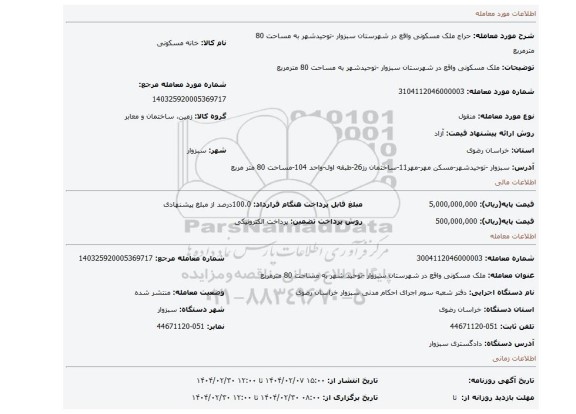 مزایده، ملک مسکونی واقع در شهرستان سبزوار -توحیدشهر به مساحت 80 مترمربع