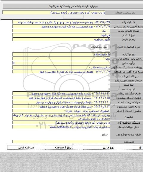 مناقصه, برقراری ارتباط ۵۳۰ نقطه استانی و شهرستانی با ستاد وزارت تعاون٬ کار ورفاه اجتماعی از طریق بستررحد