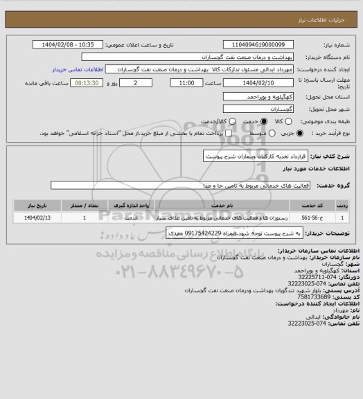 استعلام قرارداد تغذیه کارکنان وبیماران شرح پیوست
