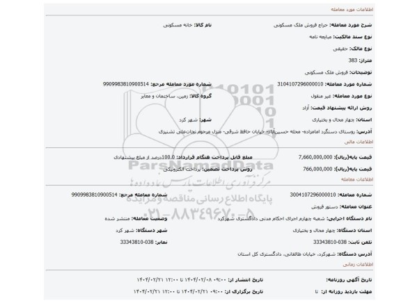 مزایده، فروش ملک مسکونی