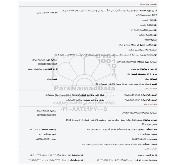مزایده، فروش 1/75 دانگ از شش دانگ سرقفلی و ملکیت پلاک ثبتی شماره 344 فرعی از 6950 اصلی مفروز از 20
