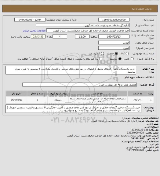 استعلام خرید یکدستگاه آنالایزر گازهای حاصل از احتراق در دود کش های صنعتی با قابلیت جایگزینی 6 سنسور به شرح جدول پیوست