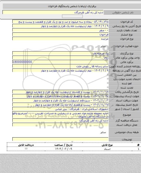 مزایده, اجاره محوطه تخلیه مواد معدنی و شیمیایی به مساحت تقریبی ۱۰۰۰۰مترمربع واقع در ایستگاه راه آهن مانوری