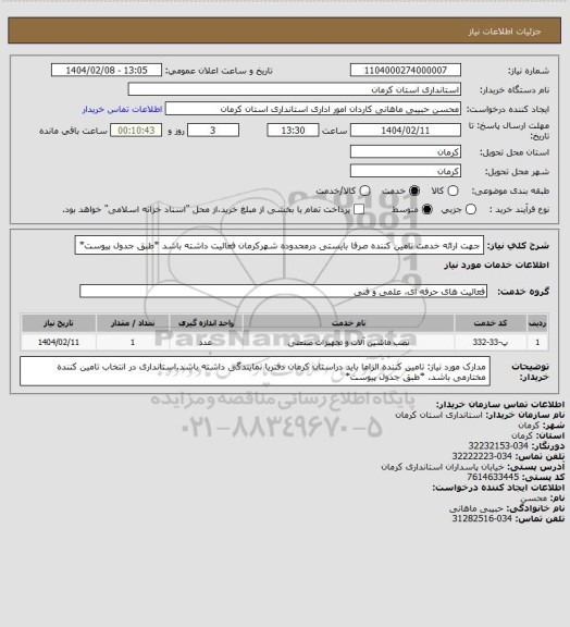 استعلام جهت ارائه خدمت تامین کننده صرفا بایستی درمحدوده شهرکرمان فعالیت داشته باشد *طبق جدول پیوست*