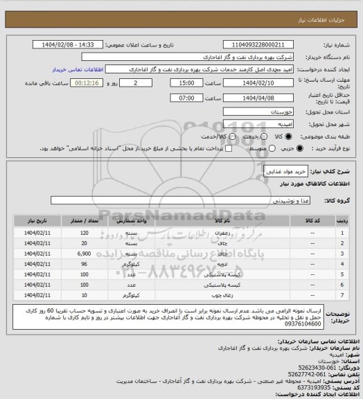 استعلام خرید مواد غذایی