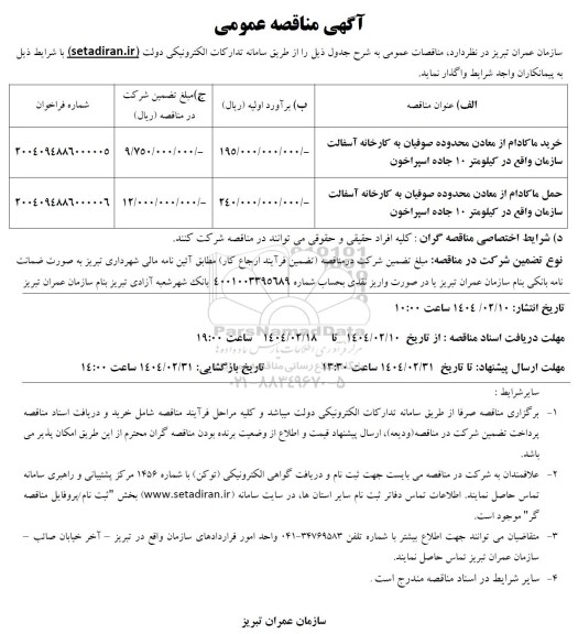 مناقصه خرید ماکادام از معادن محدوده صوفیان به کارخانه آسفالت ...