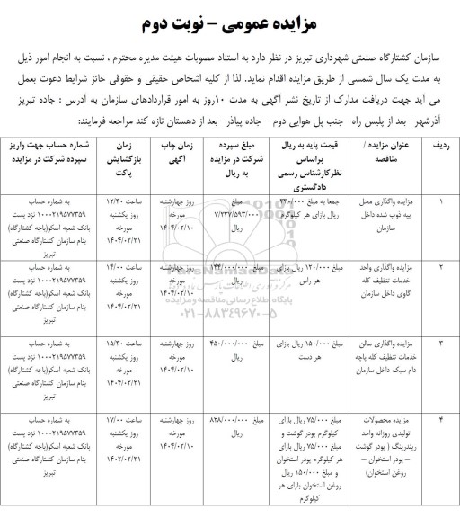 مزایده واگذاری محل پیه ذوب شده داخل سازمان ...- نوبت دوم